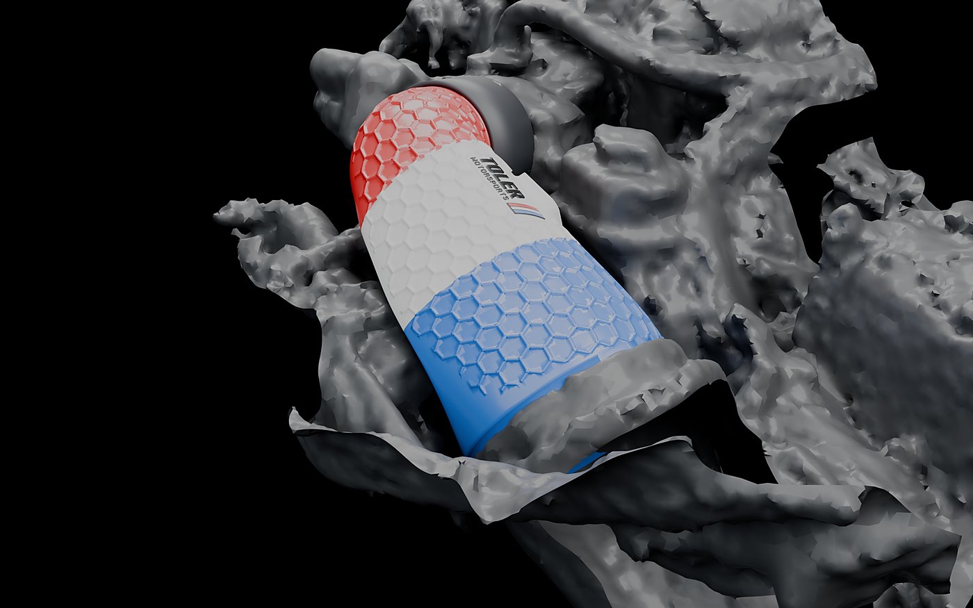 Red, white and blue intake on the CTS-V engine bay scan, viewed from the front